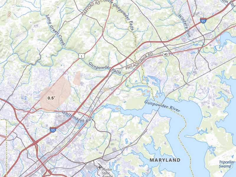Radar-estimated hail-size map of the storm over White Marsh, MD on Apr 6, 2026