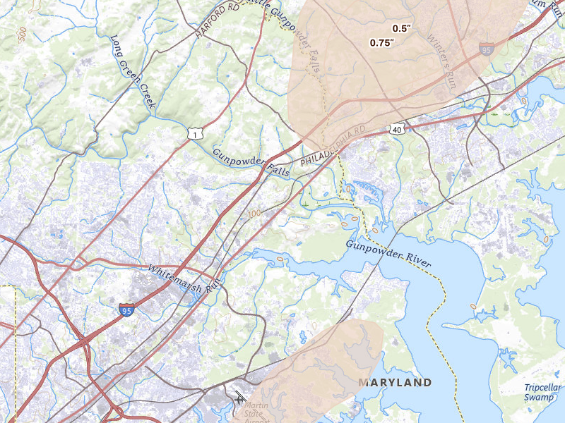 Radar-estimated hail-size map of the storm over White Marsh, MD on Jul 4, 2026