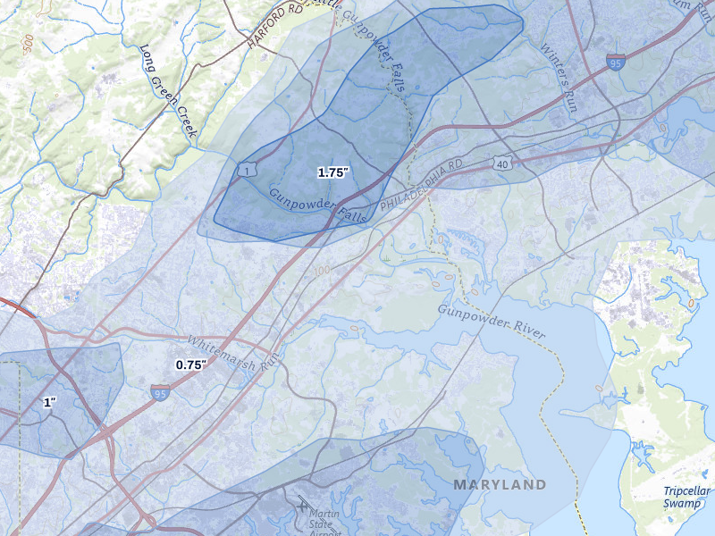 NEXRAD radar-signature map of the hail over White Marsh, MD