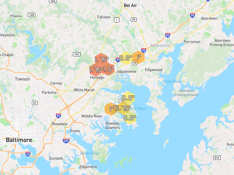 Hail map of White Marsh, MD on Jul 4, 2026, hail up to 1.75"