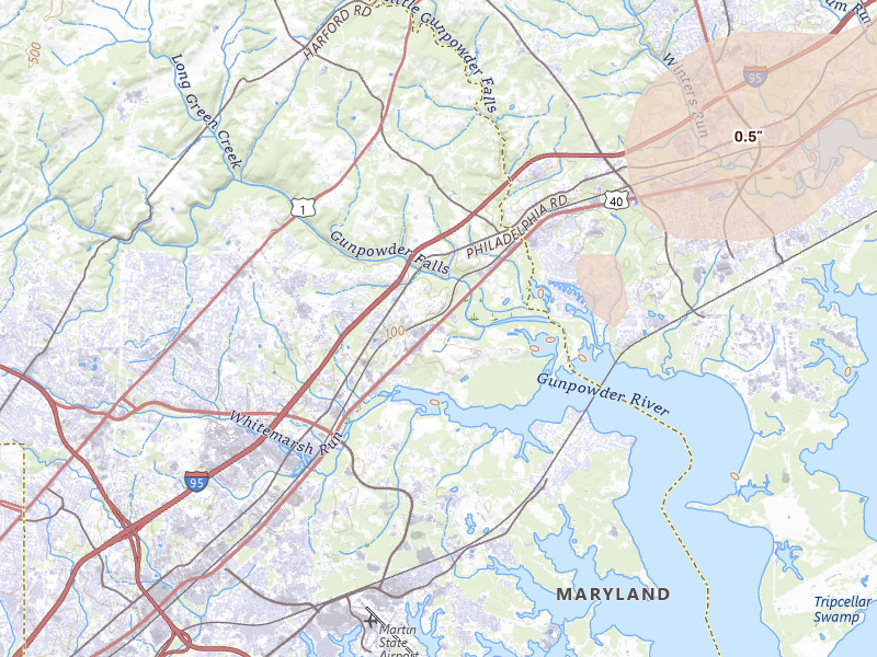 Radar-estimated hail-size map of the storm over White Marsh, MD on Jul 28, 2026