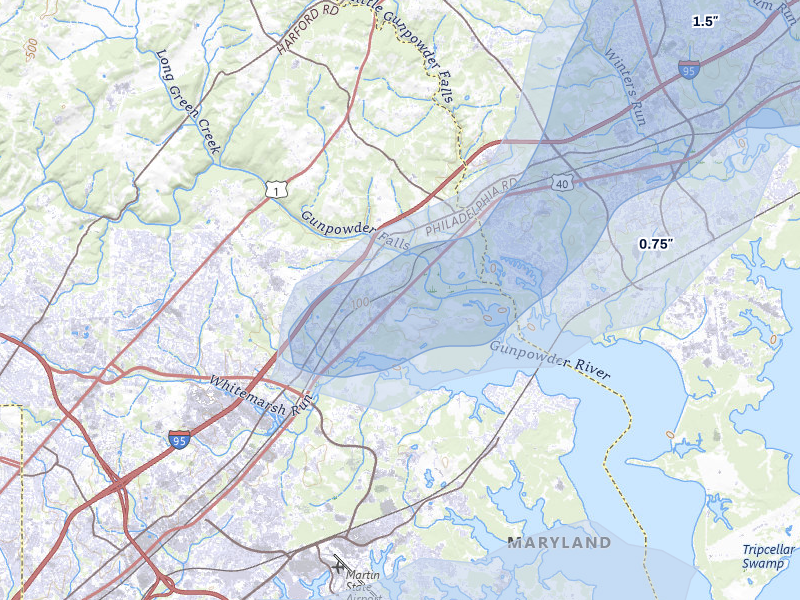 NEXRAD radar-signature map of the hail storm over White Marsh, MD on Jul 28, 2026