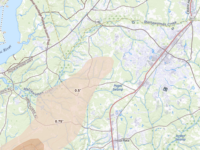 Radar-estimated hail-size map of the storm over White Plains, MD on Jun 14, 2026