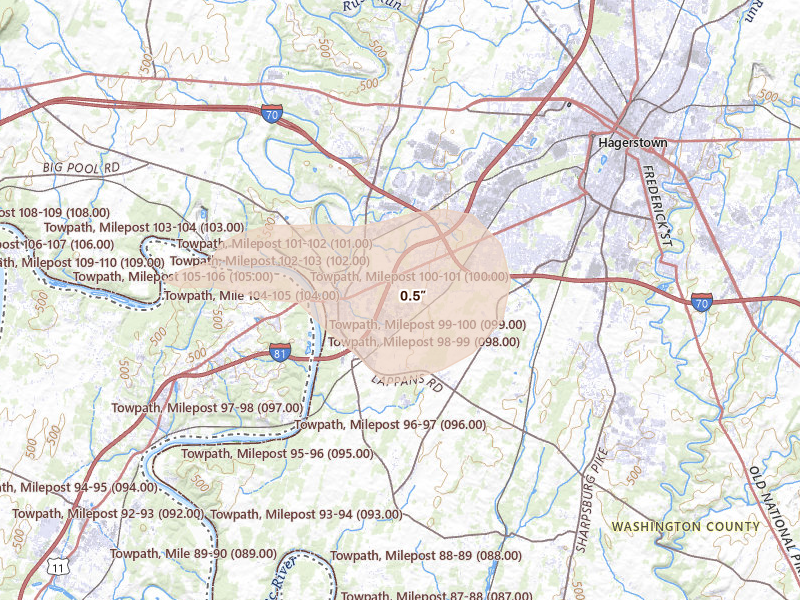Radar-estimated hail-size map of the storm over Williamsport, MD on Aug 27, 2026
