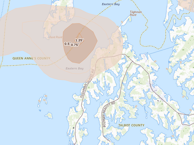 Radar-estimated hail-size map of the storm over Wittman, MD on Jun 22, 2026