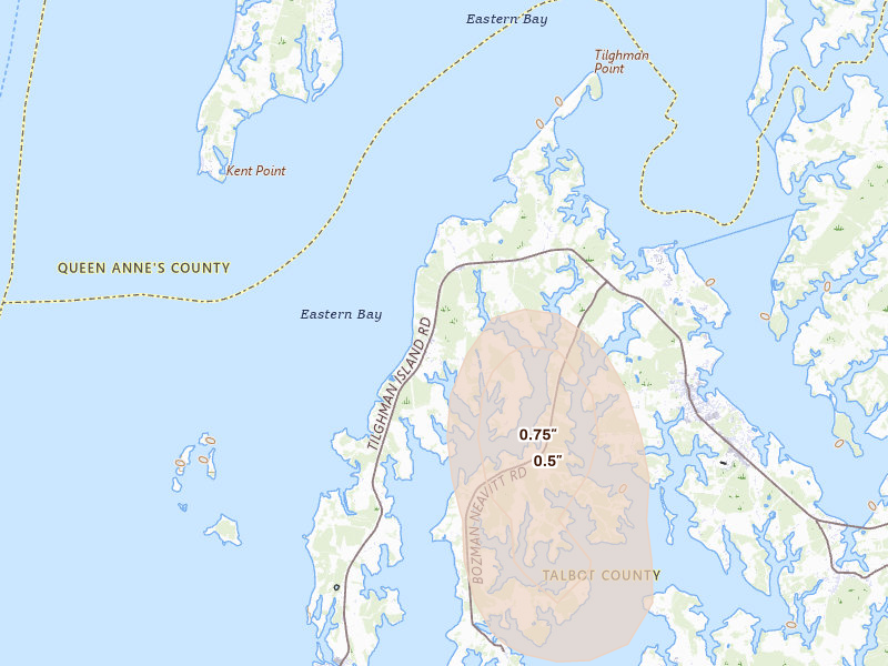 Radar-estimated hail-size map of the storm over Wittman, MD on Jul 26, 2026