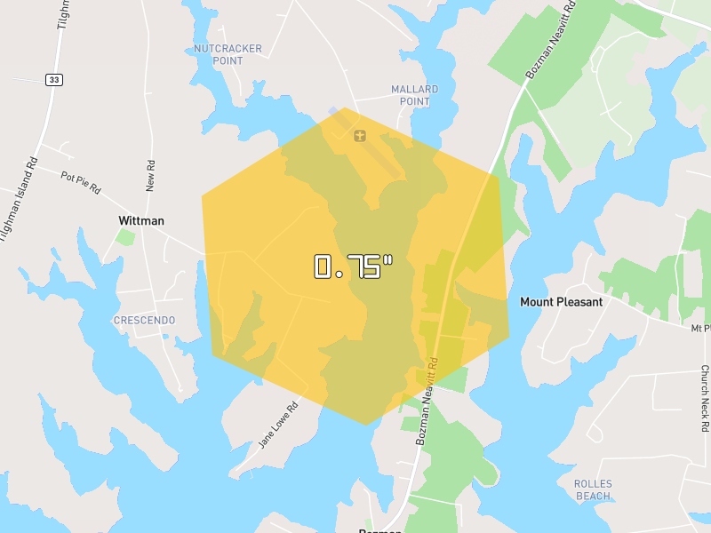 Hail map of Wittman, MD on Jul 28, 2026, hail up to 0.75"