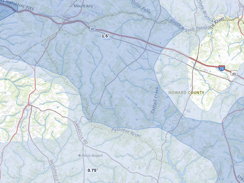 NEXRAD radar-signature map of the hail storm over Woodbine, MD on Jul 28, 2026
