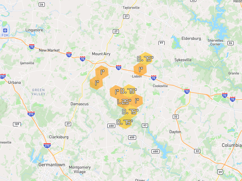Hail map of Woodbine, MD on Jul 28, 2026, hail up to 1.25"