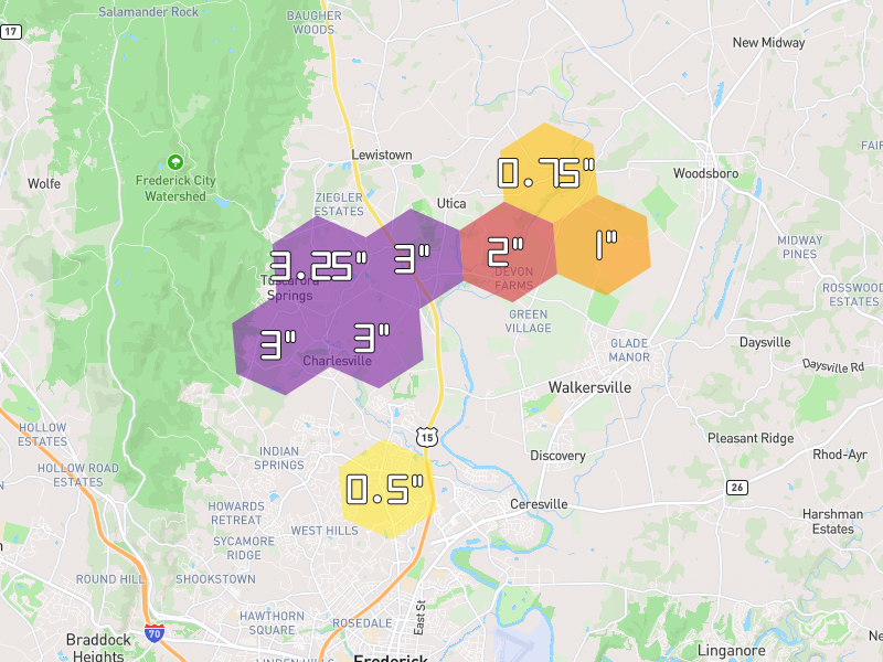 Hail map of Woodsboro, MD on Jul 4, 2026, hail up to 3.25"