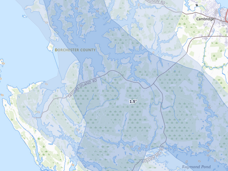 NEXRAD radar-signature map of the hail storm over Woolford, MD on Jul 9, 2026