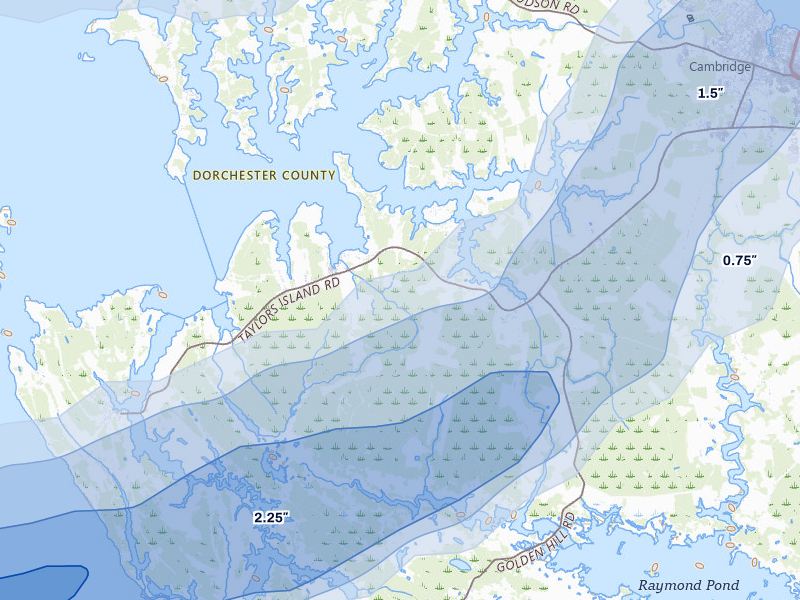 NEXRAD radar-signature map of the hail storm over Woolford, MD on Jul 28, 2026