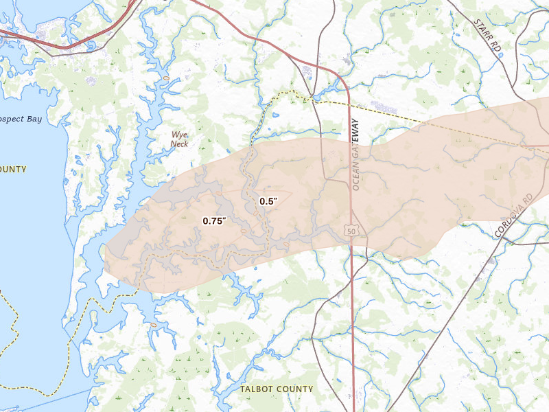 Radar-estimated hail-size map of the storm over Wye Mills, MD on Jun 22, 2026
