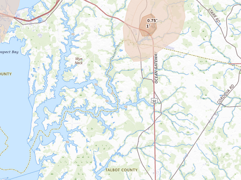 Radar-estimated hail-size map of the storm over Wye Mills, MD on Jul 5, 2026