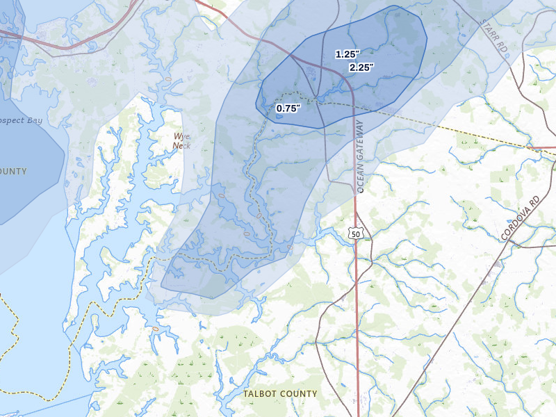 NEXRAD radar-signature map of the hail storm over Wye Mills, MD on Jul 5, 2026