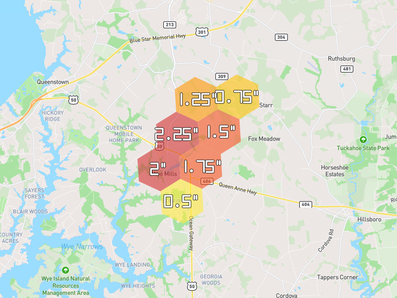 Hail map of Wye Mills, MD on Jul 5, 2026, hail up to 2.25"
