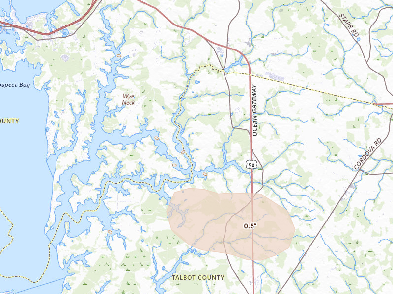Radar-estimated hail-size map of the storm over Wye Mills, MD on Sep 3, 2026