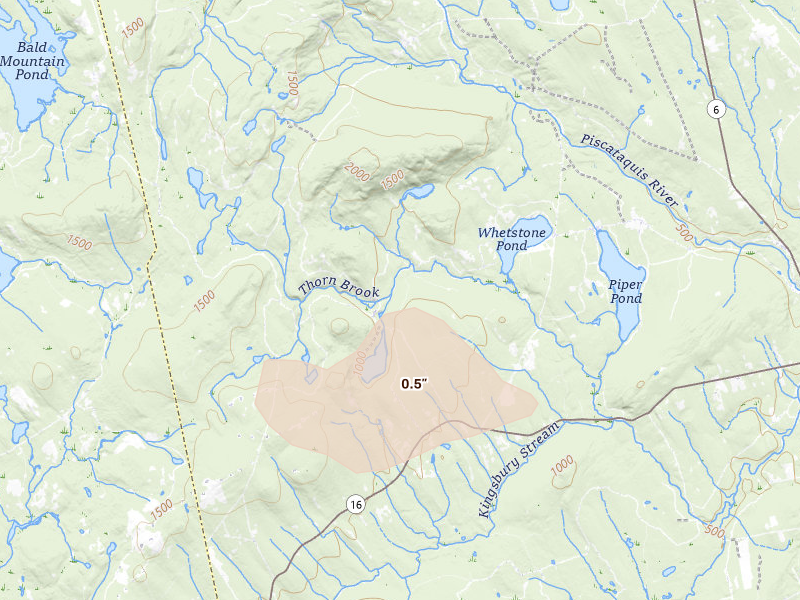 Radar-estimated hail-size map of the storm over Abbot, ME on Jun 14, 2026