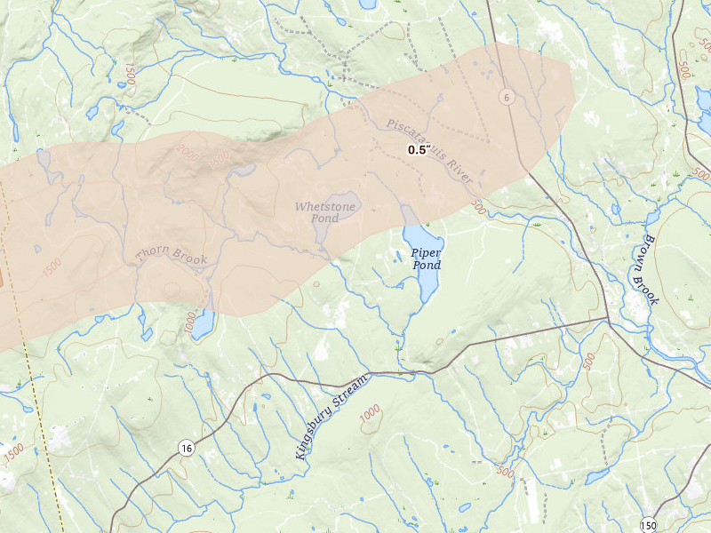 Radar-estimated hail-size map of the storm over Abbot, ME on Aug 28, 2026