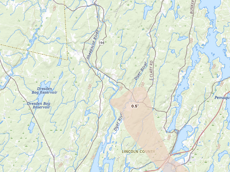 Radar-estimated hail-size map of the storm over Alna, ME on Jun 28, 2026