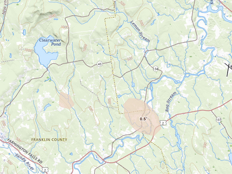 Radar-estimated hail-size map of the storm over Anson, ME on Jun 12, 2026