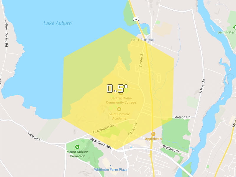 Hail map of Auburn, ME on Jul 22, 2026, hail up to 0.5"