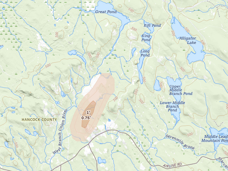 Radar-estimated hail-size map of the storm over Aurora, ME on Feb 8, 2026