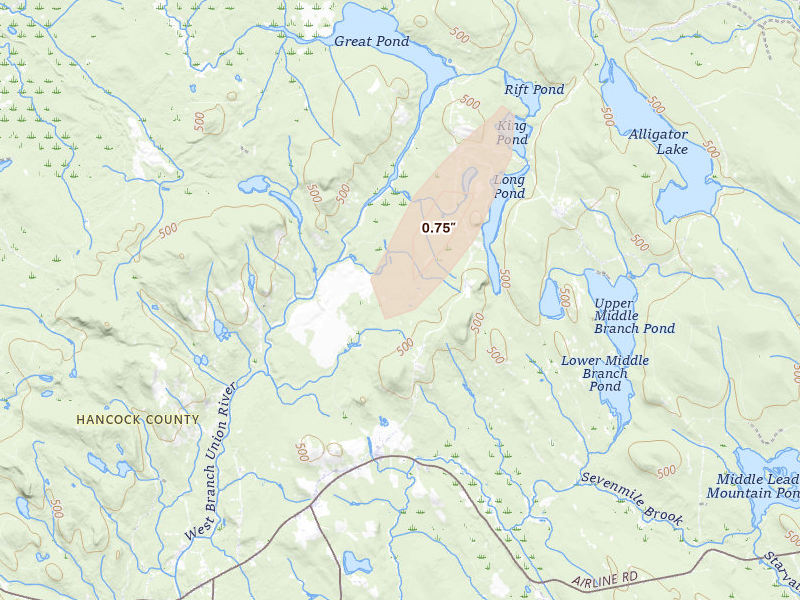 Radar-estimated hail-size map of the storm over Aurora, ME on May 19, 2026