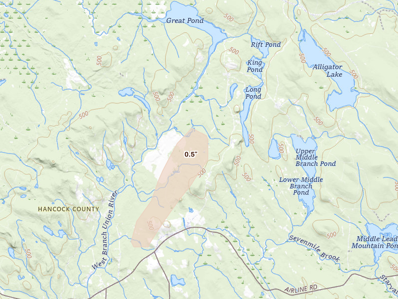 Radar-estimated hail-size map of the storm over Aurora, ME on Jul 1, 2026