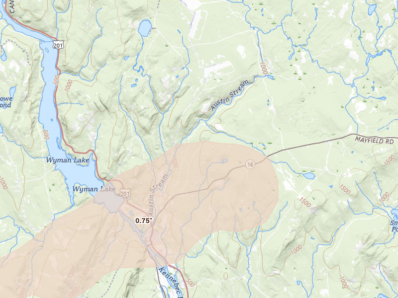 Radar-estimated hail-size map of the storm over Bingham, ME on Jul 22, 2026