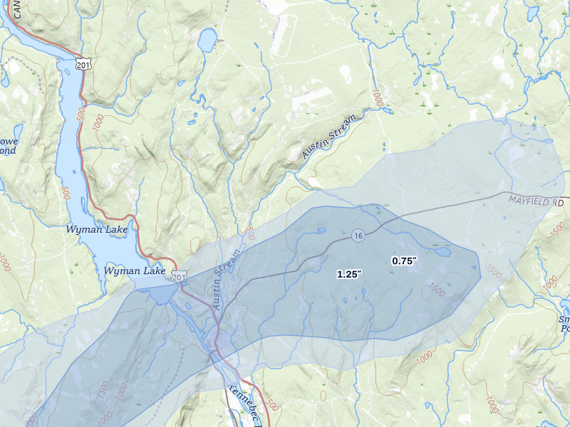 NEXRAD radar-signature map of the hail storm over Bingham, ME on Jul 22, 2026