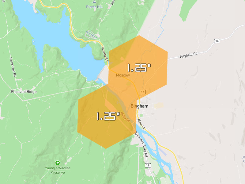 Hail map of Bingham, ME on Jul 22, 2026, hail up to 1.25"
