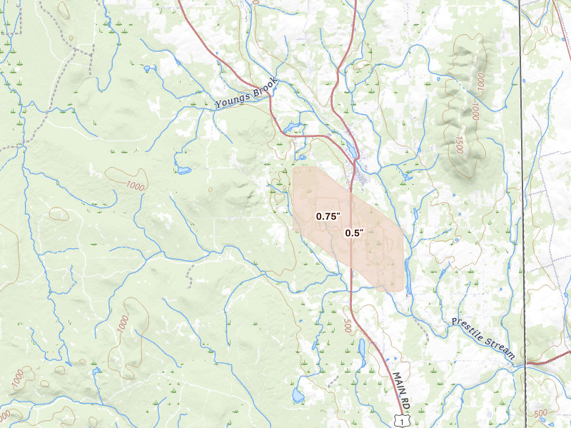 Radar-estimated hail-size map of the storm over Blaine, ME on Aug 20, 2026