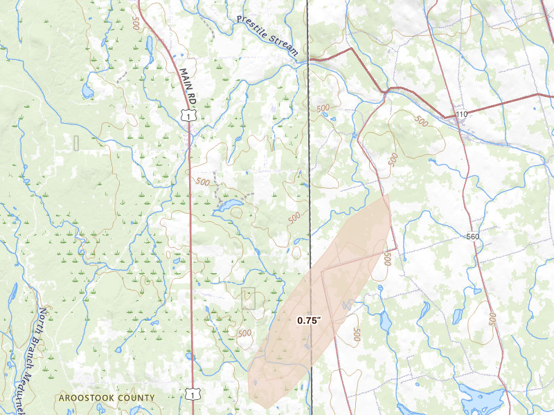 Radar-estimated hail-size map of the storm over Bridgewater, ME on May 26, 2026