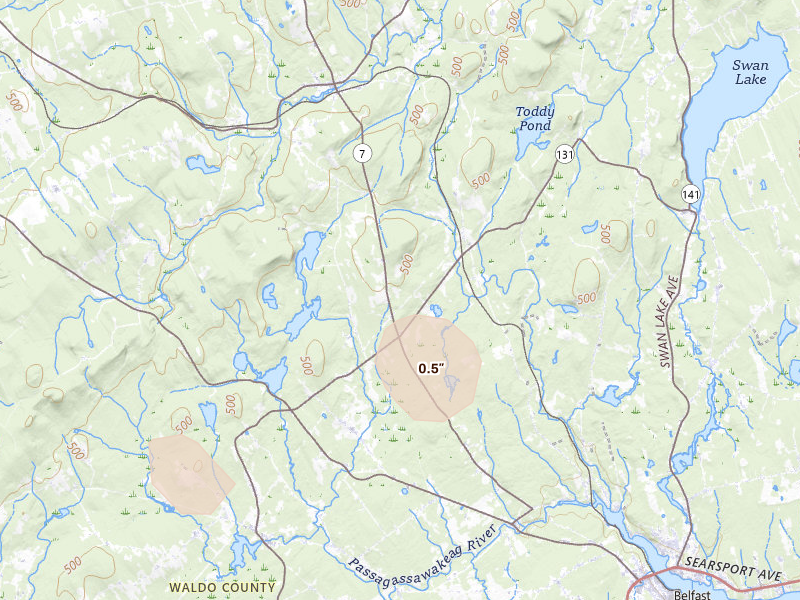 Radar-estimated hail-size map of the storm over Brooks, ME