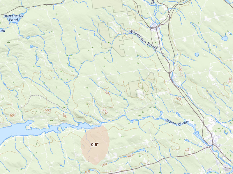Radar-estimated hail-size map of the storm over Brownville, ME on Jun 12, 2026