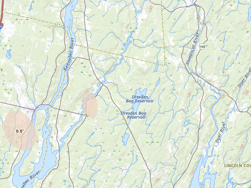 Radar-estimated hail-size map of the storm over Dresden, ME on Apr 16, 2026
