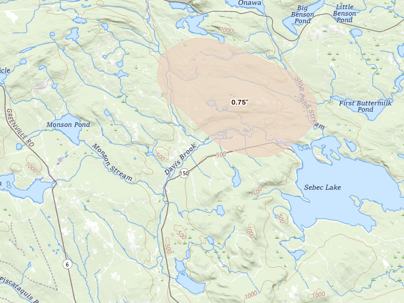 Radar-estimated hail-size map of the storm over Guilford, ME on Aug 13, 2026