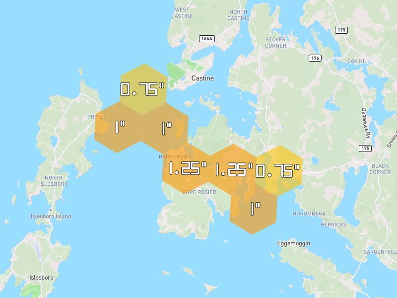Hail map of Harborside, ME on Jun 29, 2026, hail up to 1.25"