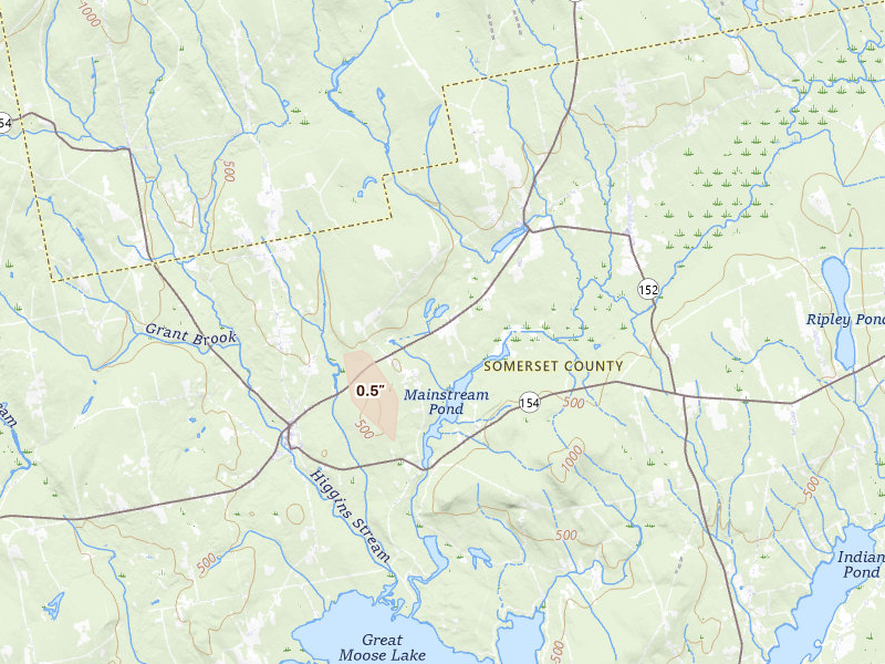Radar-estimated hail-size map of the storm over Harmony, ME on Jun 28, 2026