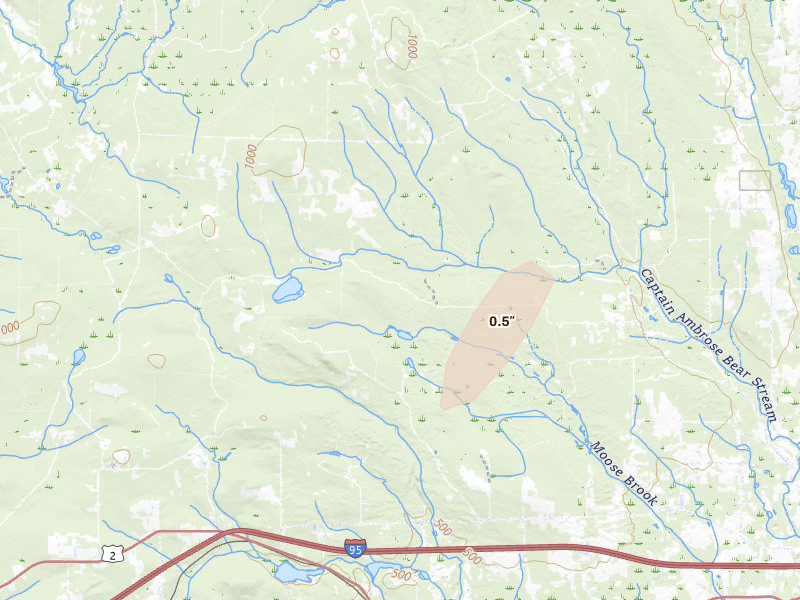 Radar-estimated hail-size map of the storm over Houlton, ME on Jul 16, 2026