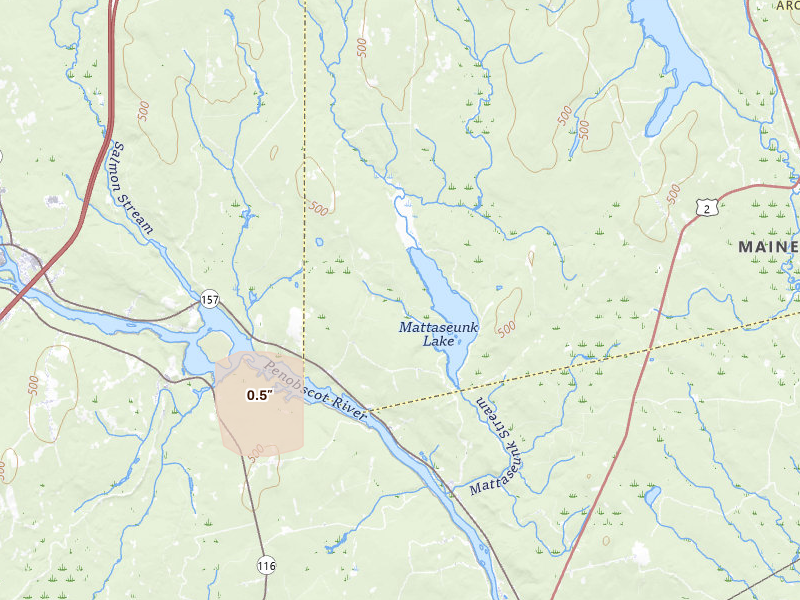 Radar-estimated hail-size map of the storm over Mattawamkeag, ME on Aug 18, 2026