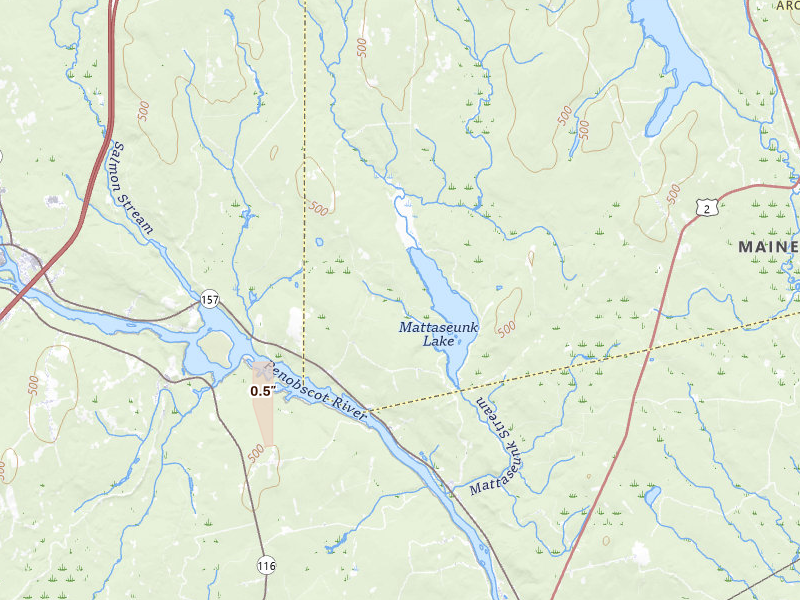 Radar-estimated hail-size map of the storm over Mattawamkeag, ME on Aug 19, 2026