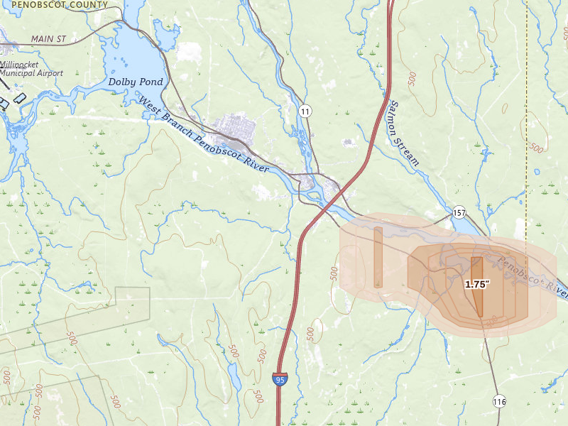 Radar-estimated hail-size map of the storm over Medway, ME on May 21, 2026