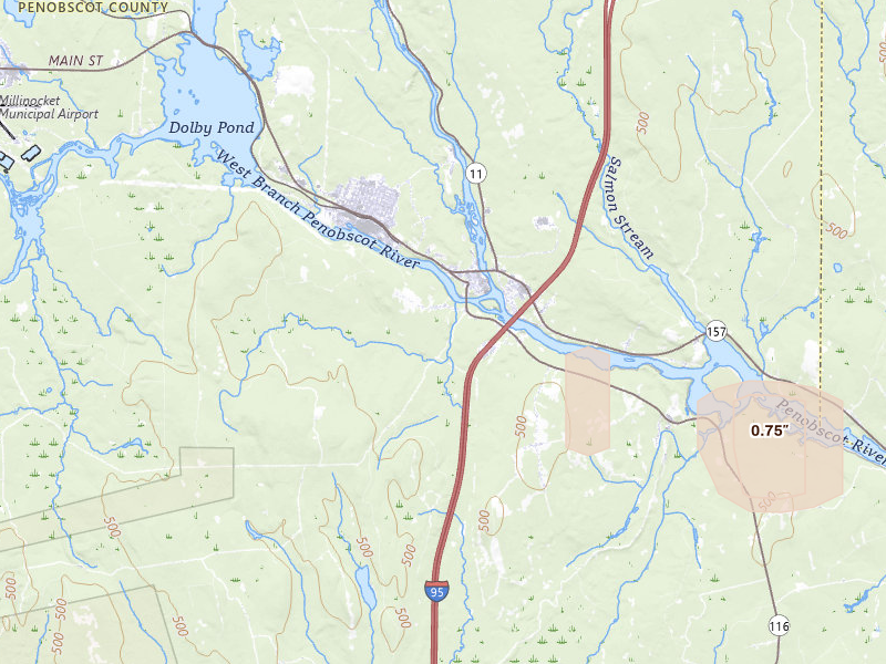 Radar-estimated hail-size map of the storm over Medway, ME on Jun 19, 2026