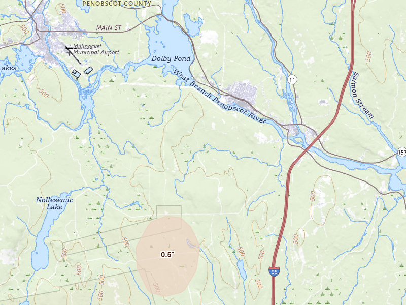 Radar-estimated hail-size map of the storm over Medway, ME on Aug 13, 2026