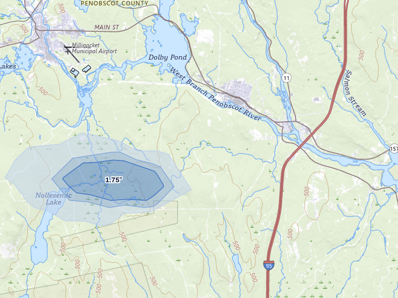 NEXRAD radar-signature map of the hail storm over Medway, ME on Aug 13, 2026