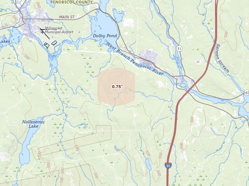 Radar-estimated hail-size map of the storm over Medway, ME on Aug 30, 2026