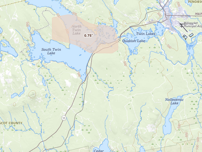 Radar-estimated hail-size map of the storm over Millinocket, ME on Aug 4, 2026