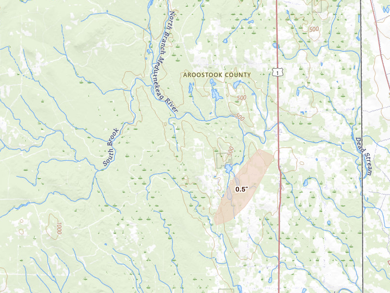 Radar-estimated hail-size map of the storm over Monticello, ME on Jun 12, 2026